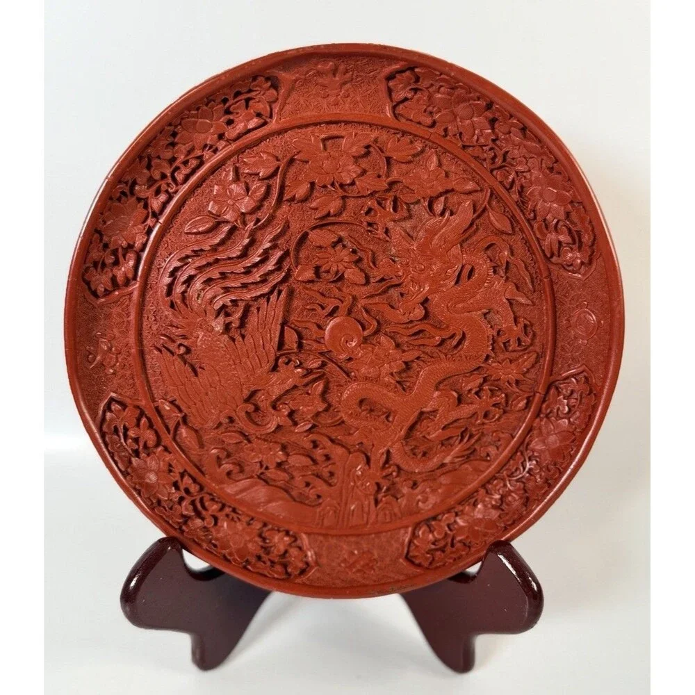 Vtg Chinese Red Carved Lacquer Plate DragonPhoenix National Palace Museum Taiwan